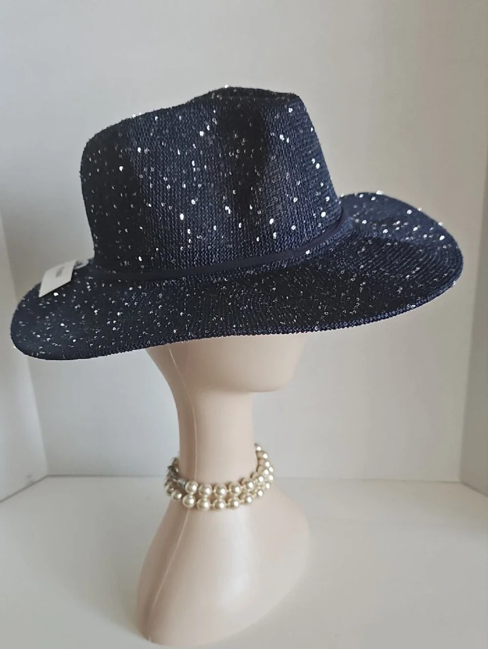 Beloved Millinery Sparkling Wide-Brim Panama Style Fedora Hat - Navy Blue